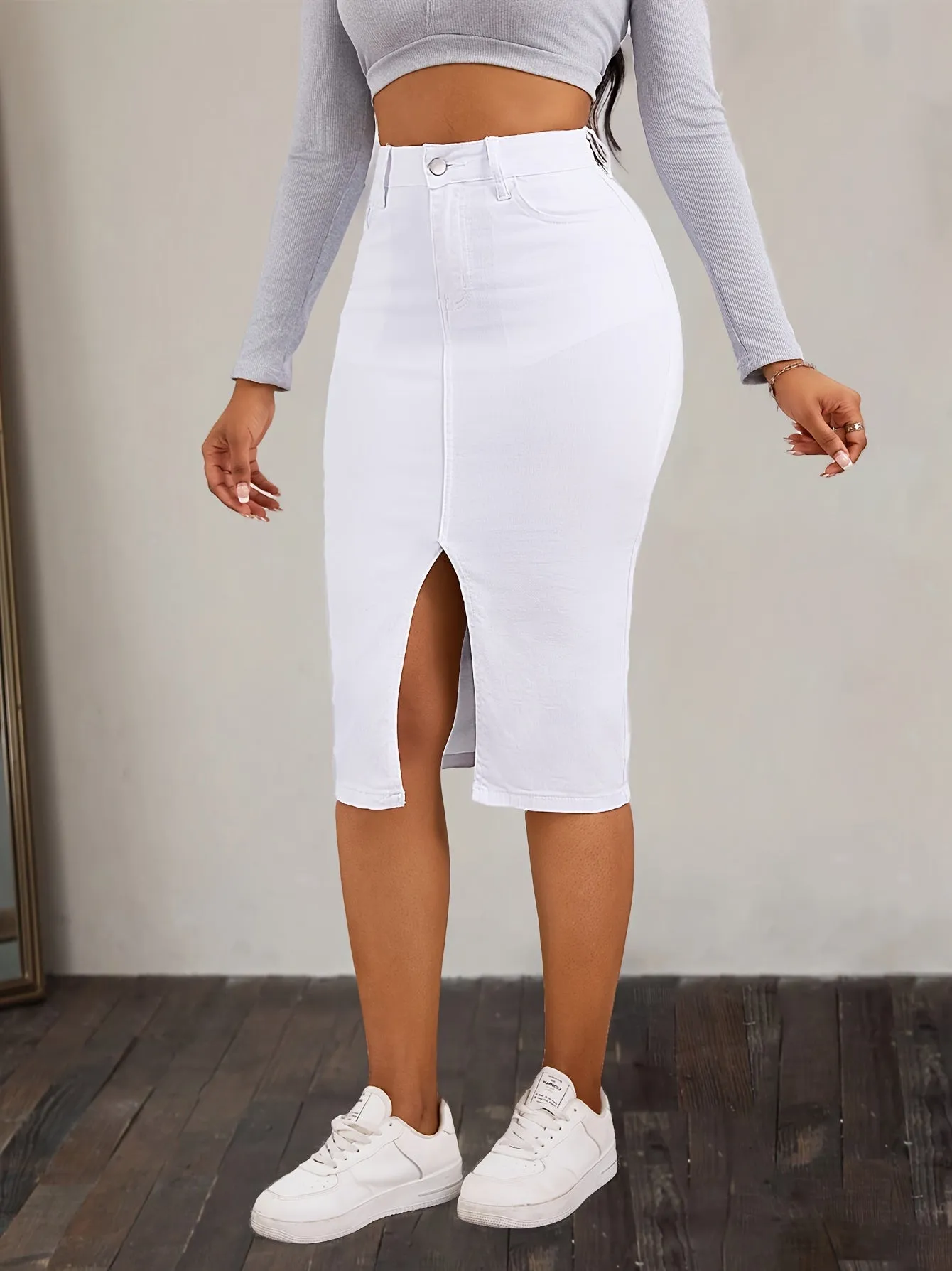 2024 New Fashion Casual Solid Slit Denim Skirt High Wasit Button Pocket Vintage Streetwear Women Spring Summer Long Skirts