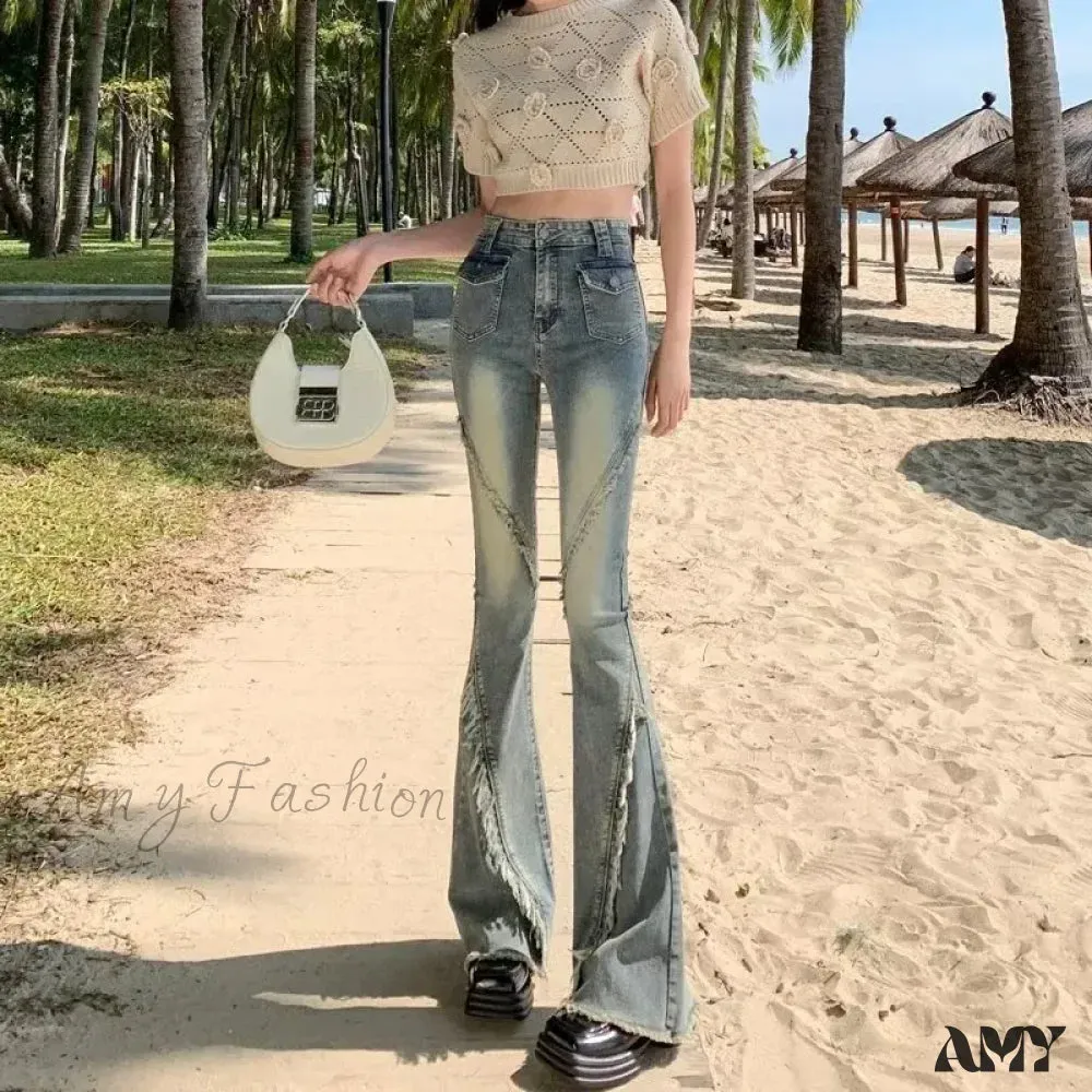 Amy Fashion - Minimalist Literary Versatile Japanese Dark Micro Flared High Waisted Fashion Jean