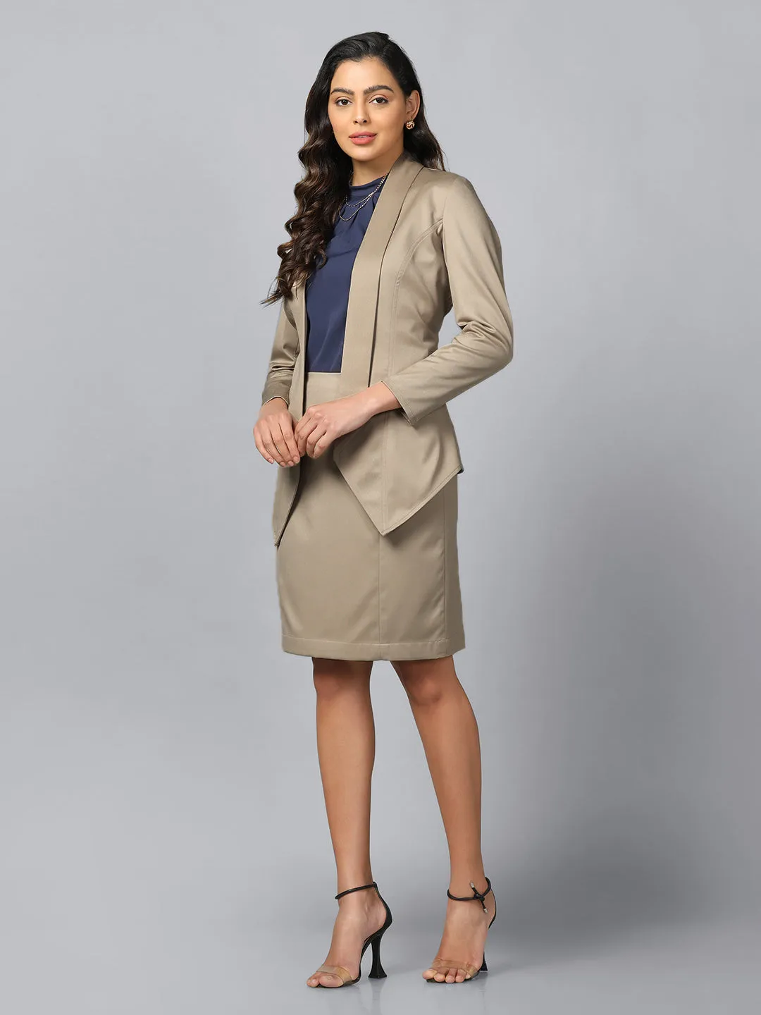 Beige Open-Front Shawl Collar Formal Blaze