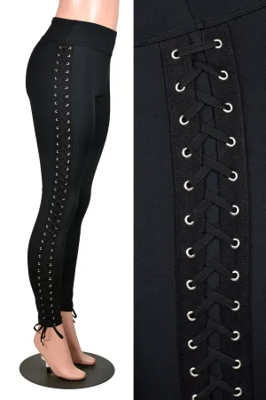 Black Nylon Spandex Side Lace-Up Leggings