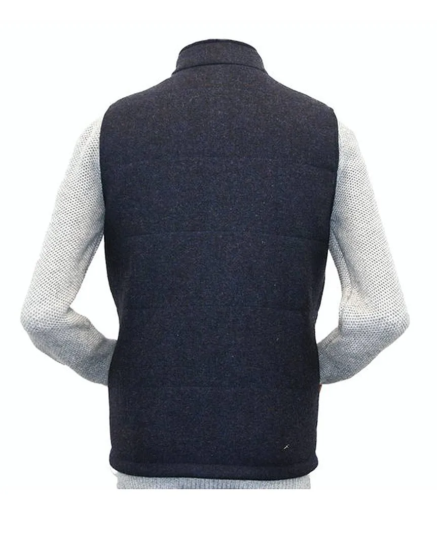 Body Warmer and Gilet Trimmed with Leather Navy Tweed