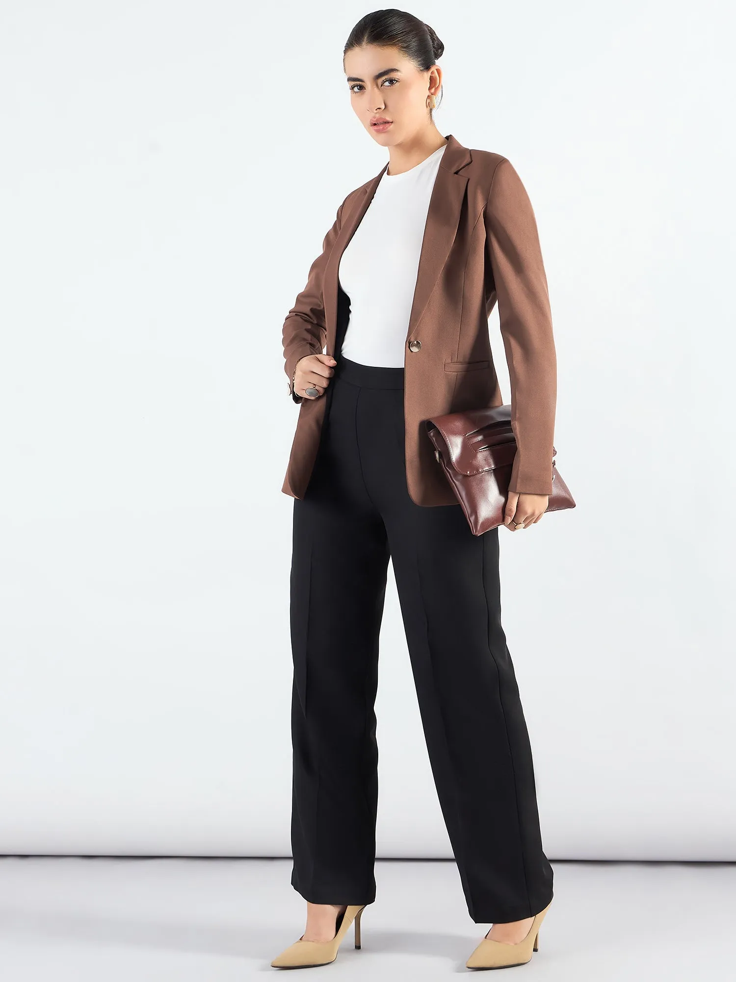 Brown Poly Viscose Tailored Fit Notched Lapel Blazer