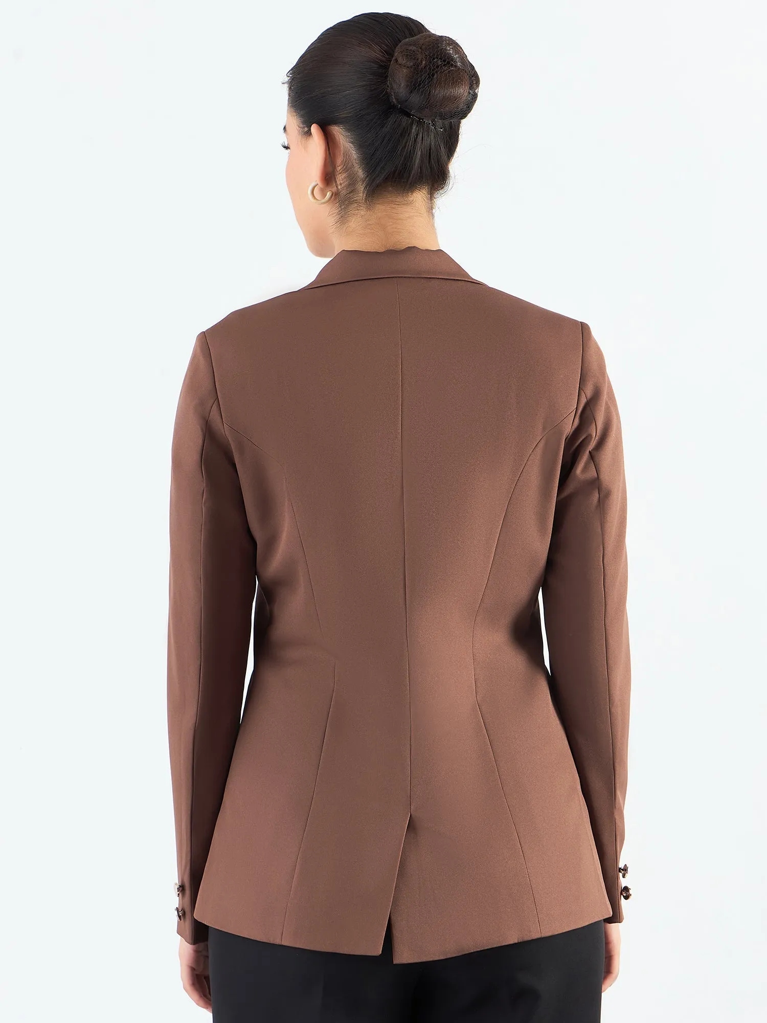 Brown Poly Viscose Tailored Fit Notched Lapel Blazer
