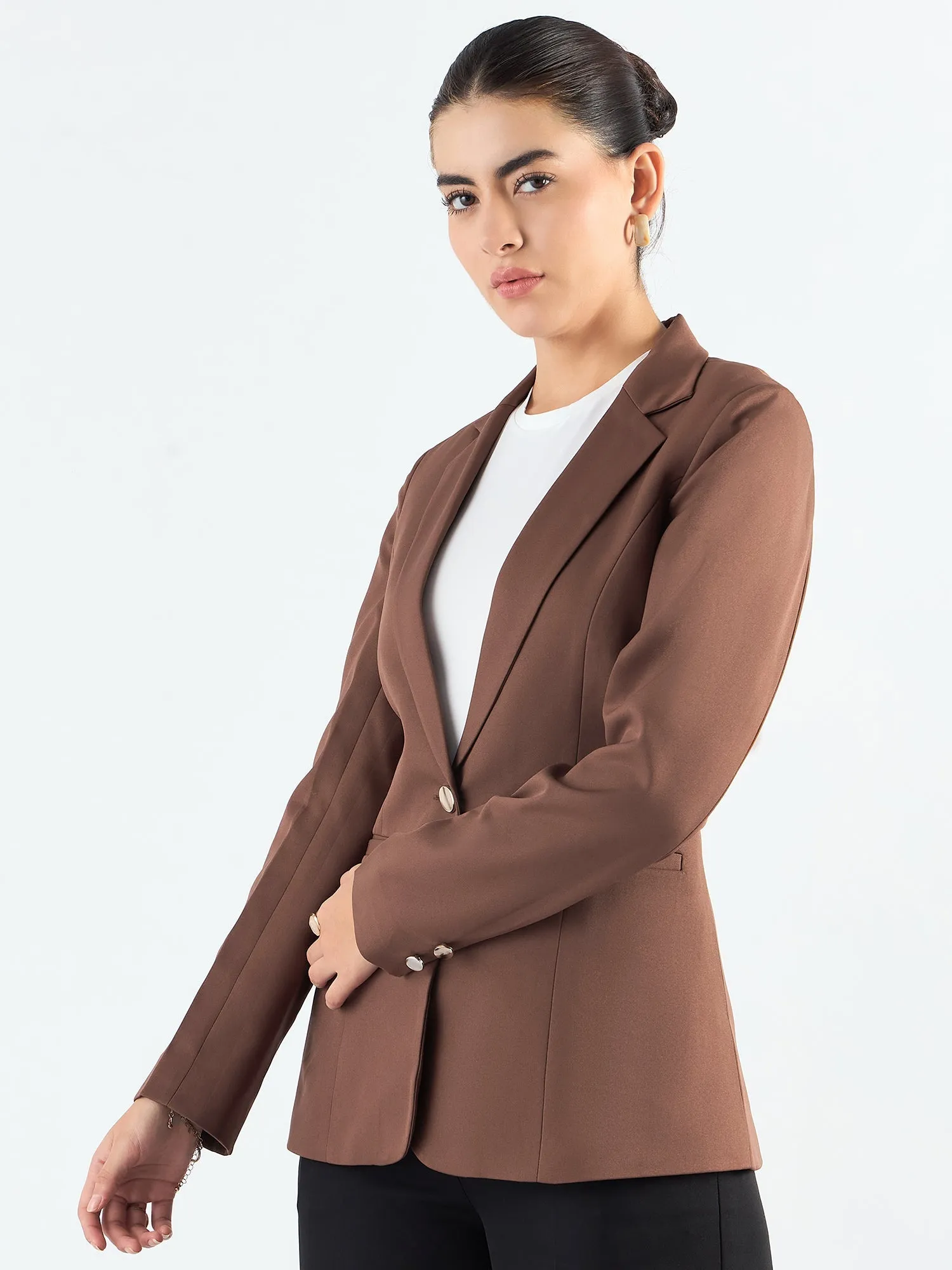 Brown Poly Viscose Tailored Fit Notched Lapel Blazer