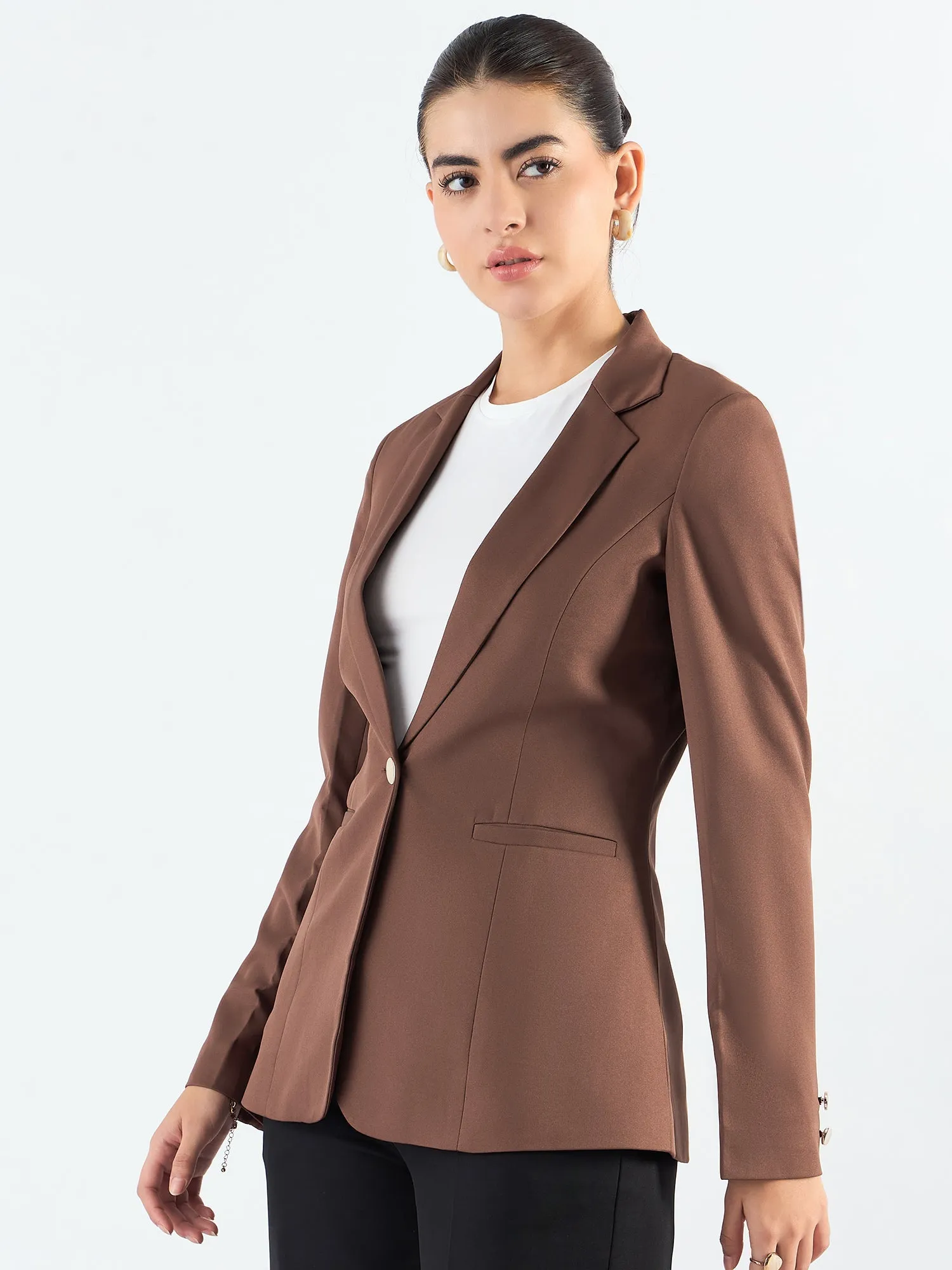 Brown Poly Viscose Tailored Fit Notched Lapel Blazer