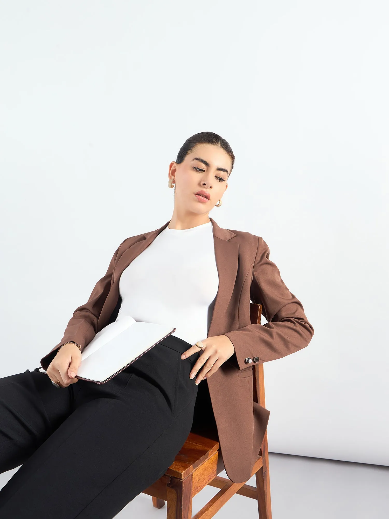 Brown Poly Viscose Tailored Fit Notched Lapel Blazer