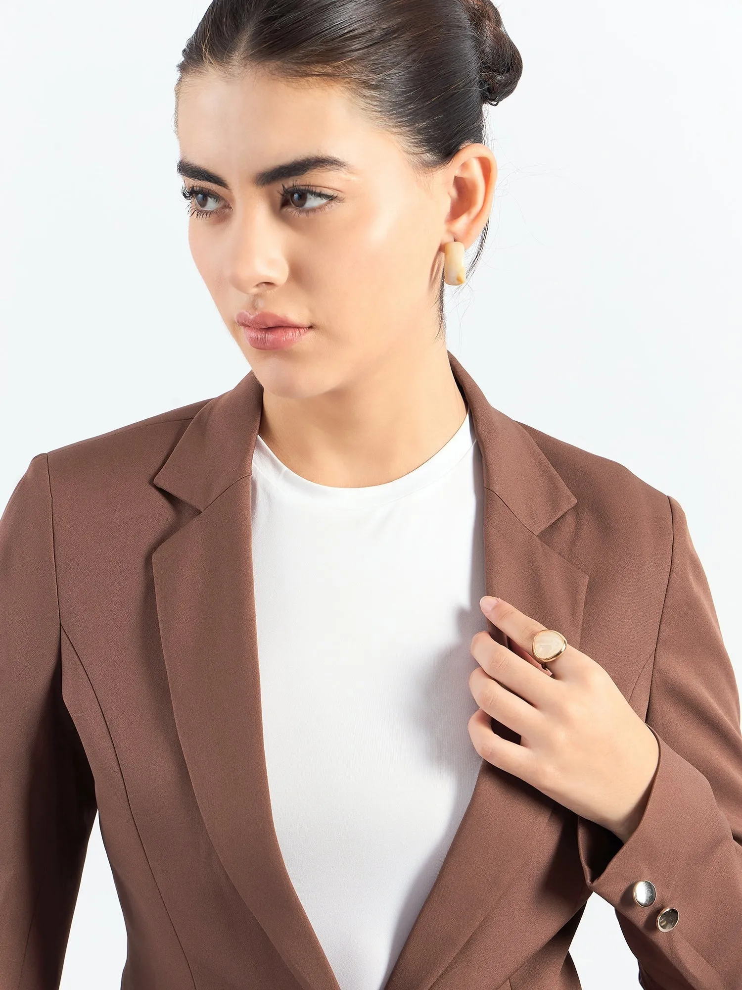 Brown Poly Viscose Tailored Fit Notched Lapel Blazer