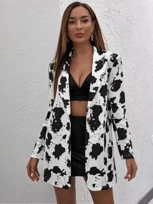 Cow Print Notch Collar Single Button Up Blazer