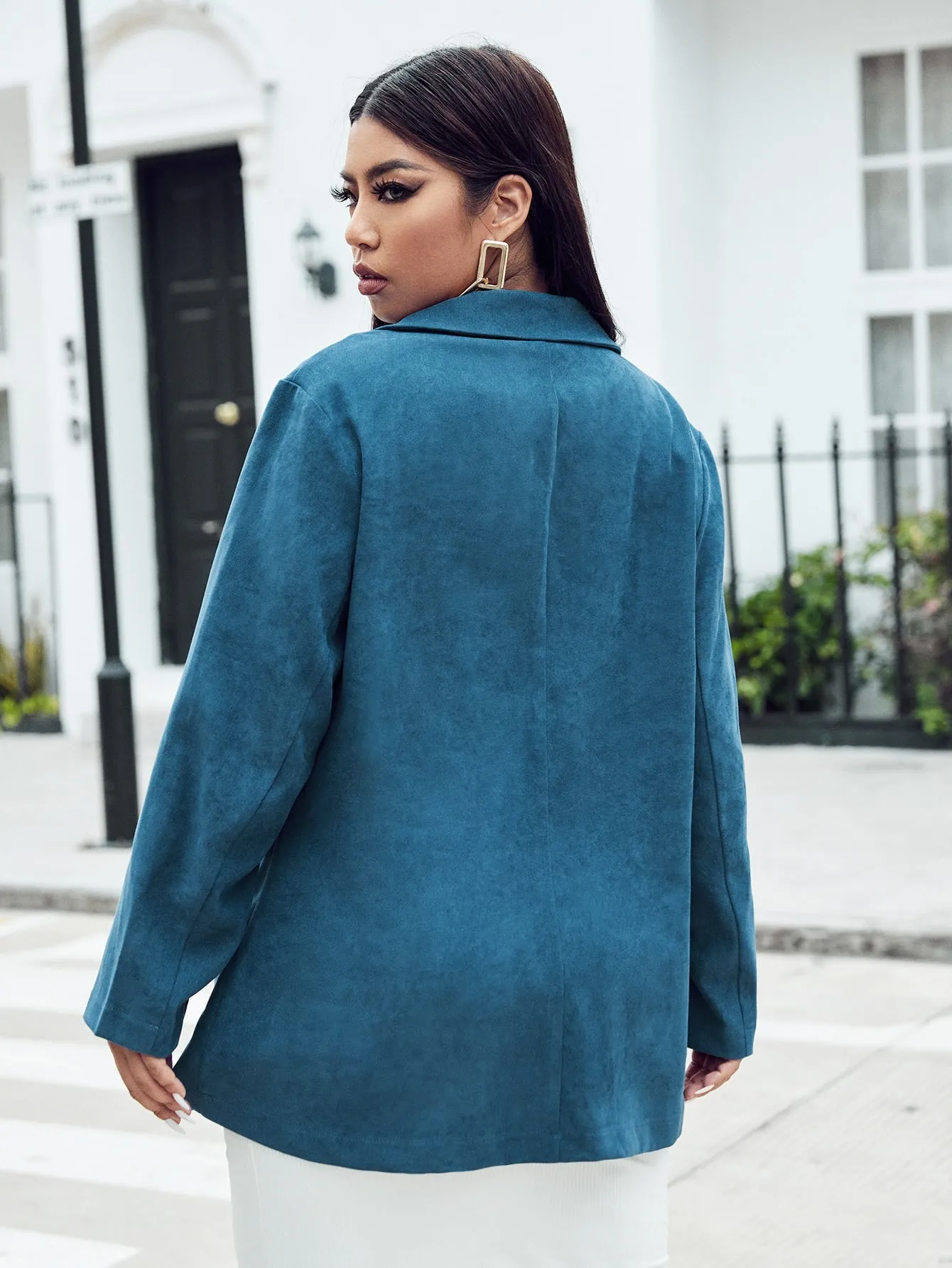 Elegant Plain Button Front Long Sleeve Lapel Long Plus Size Blazer