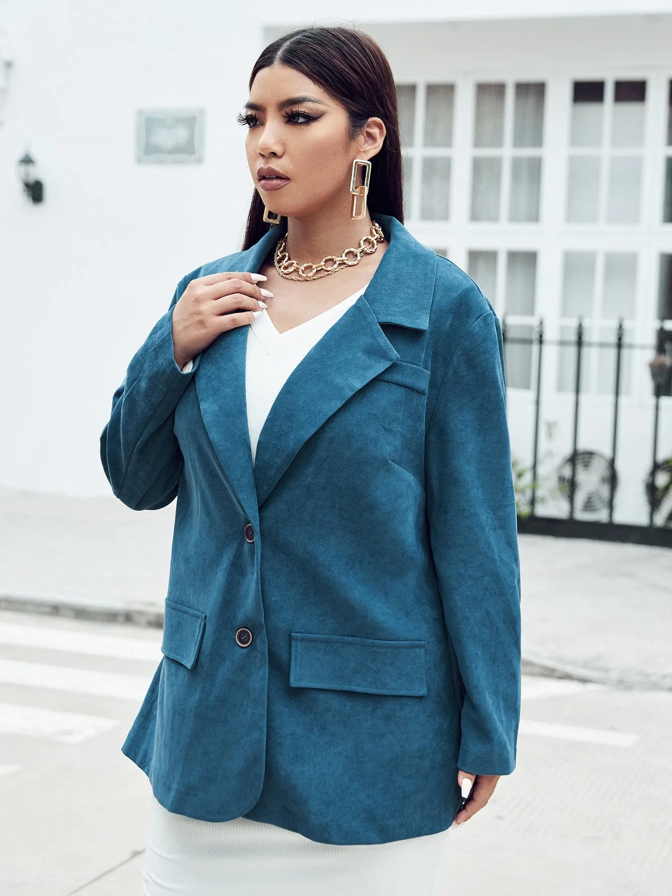 Elegant Plain Button Front Long Sleeve Lapel Long Plus Size Blazer