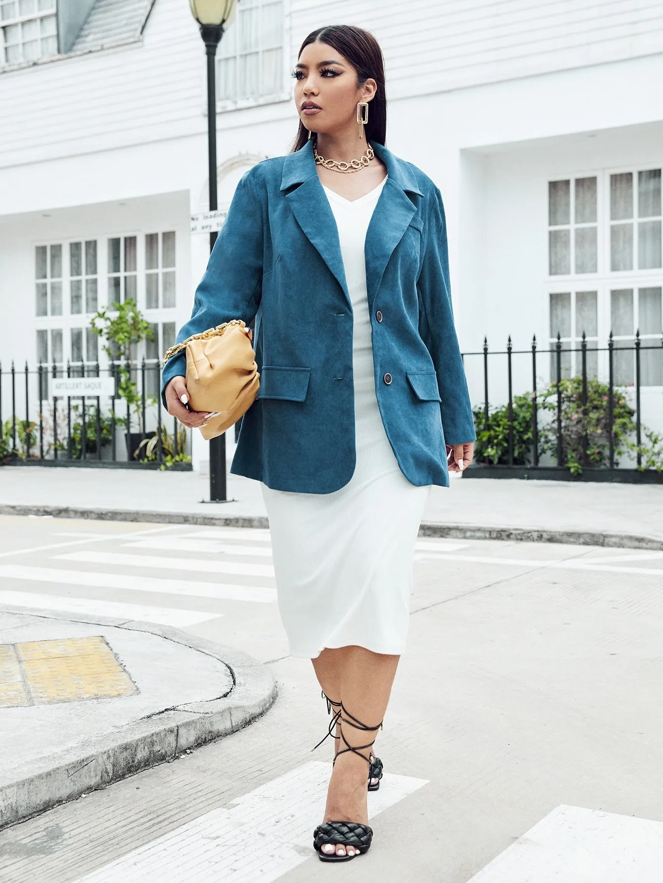 Elegant Plain Button Front Long Sleeve Lapel Long Plus Size Blazer