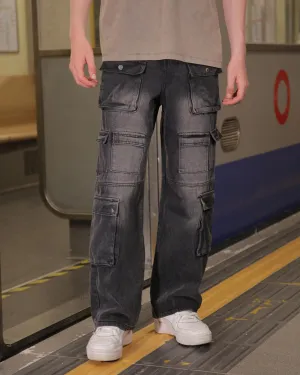 Fashionably Distressed Black Baggy Jeans with Multiple Pockets-Mexico Local Delivery