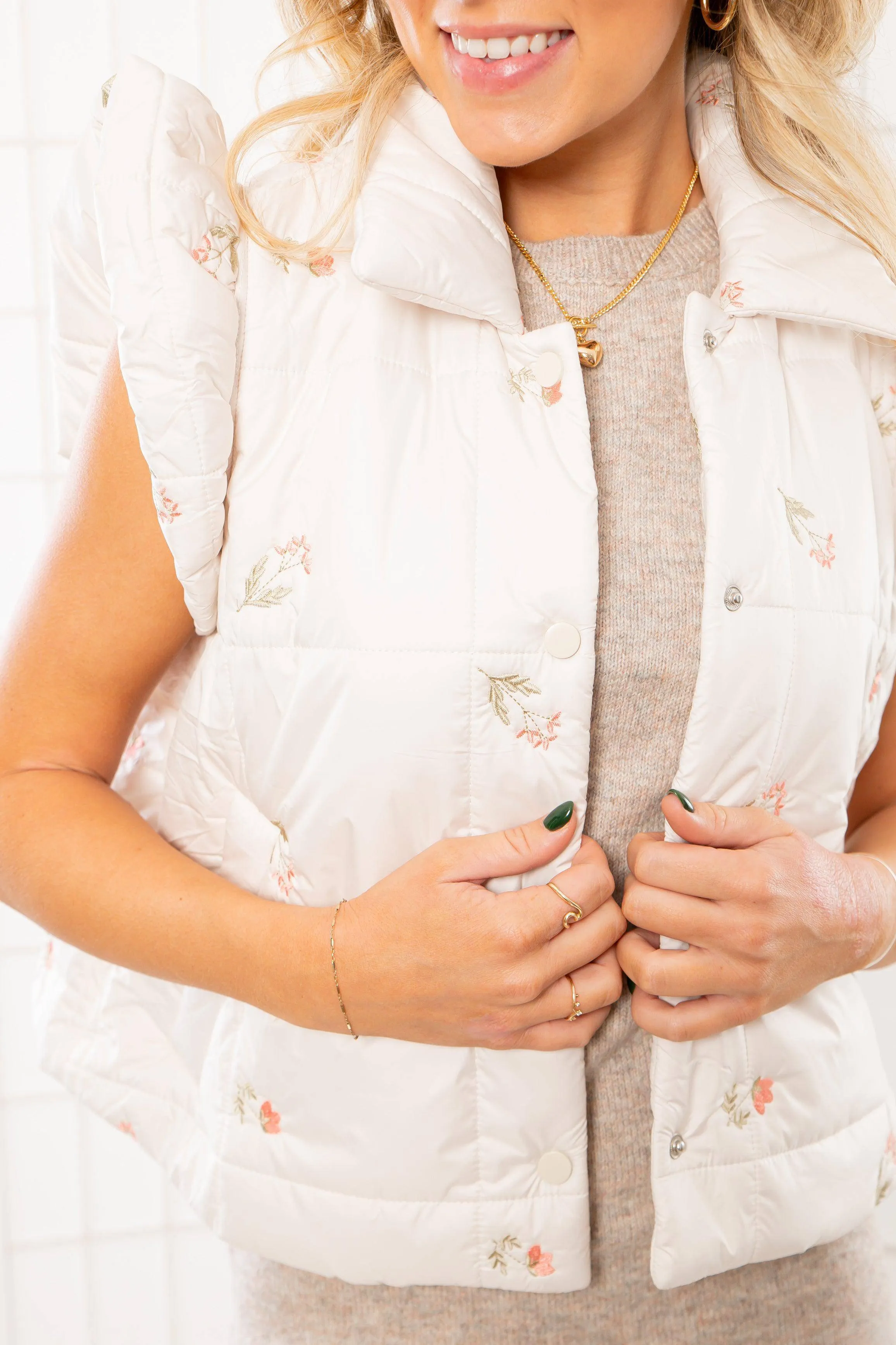 Floral Embroidered Ivory Ruffle Sleeve Puffer Vest