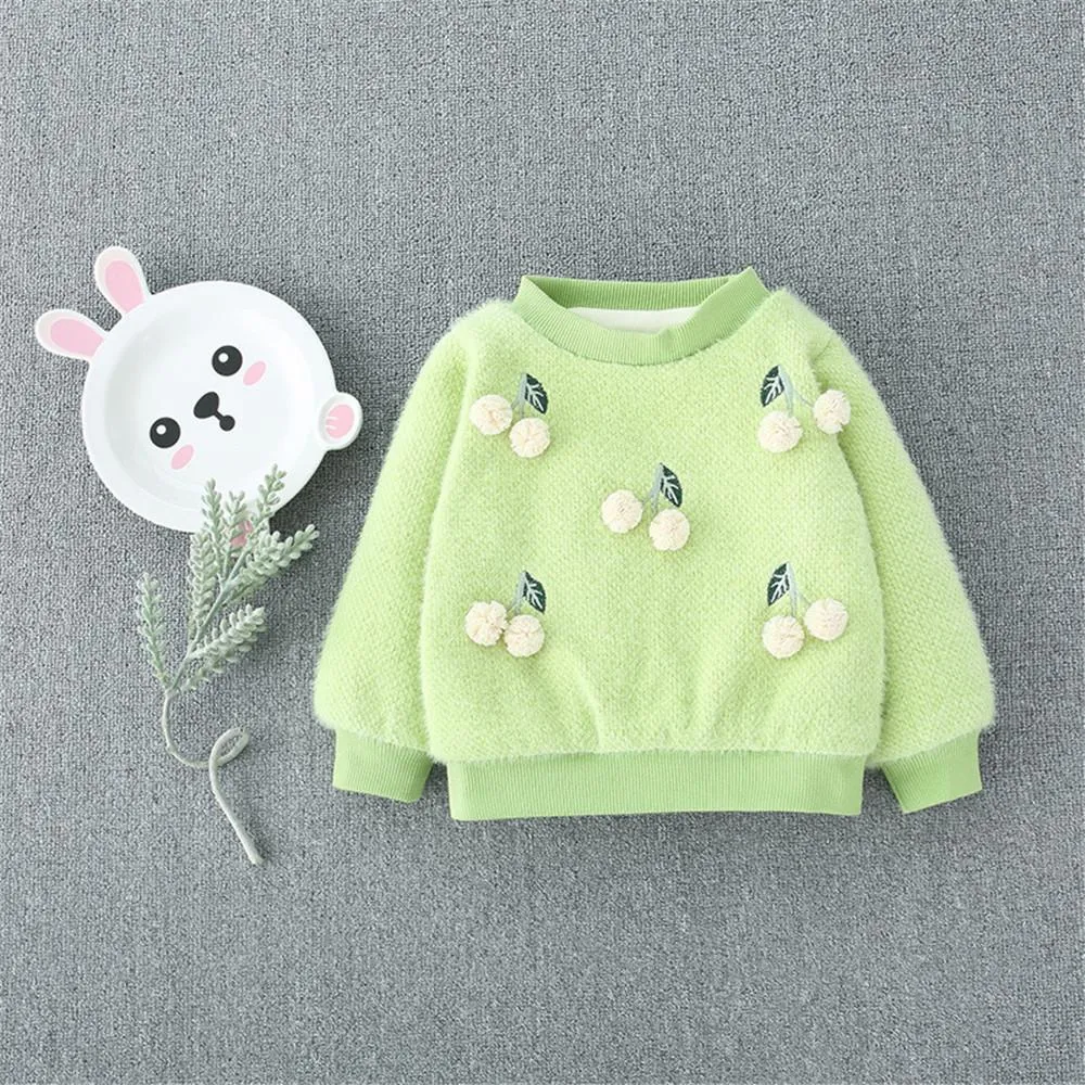 Girls 4PCS Solid Cherry Fur Ball Long Sleeve Sweaters