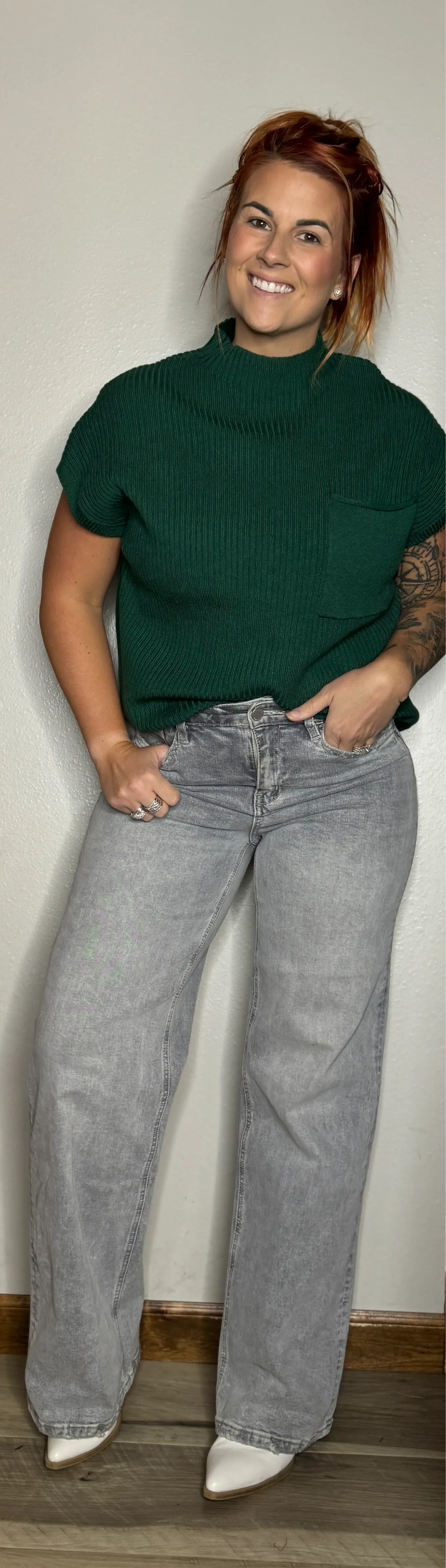 Green Pocketed Short Sleeve Sweater