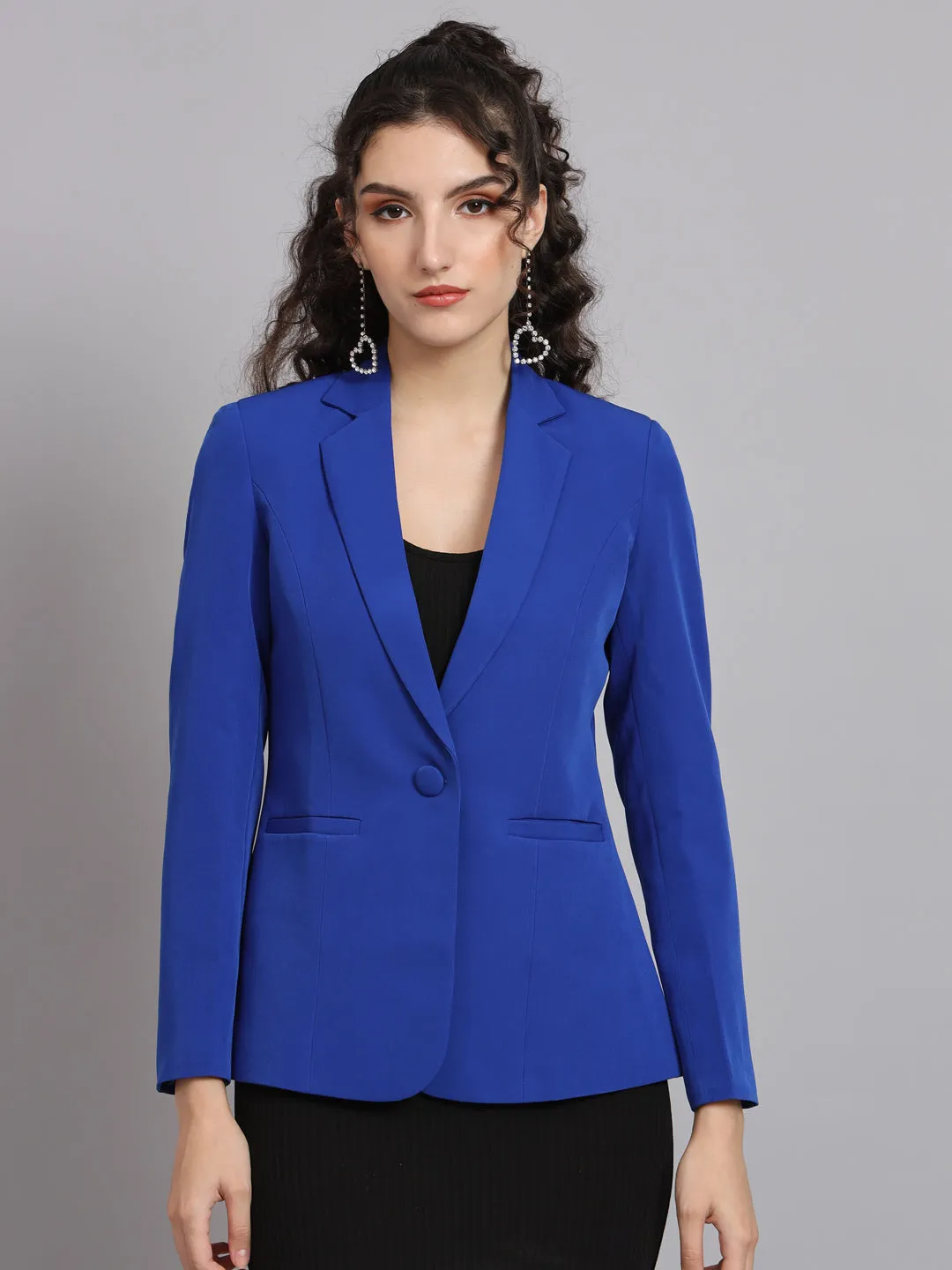 Ink Blue Polyester Notch Collar Stretch blazer