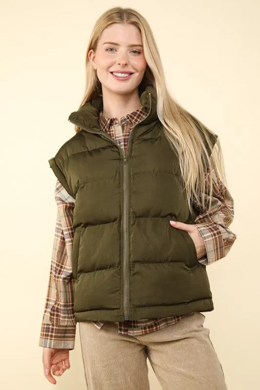 Mountain Moment Olive High Neck Puffer Vest