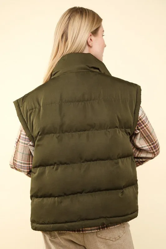 Mountain Moment Olive High Neck Puffer Vest