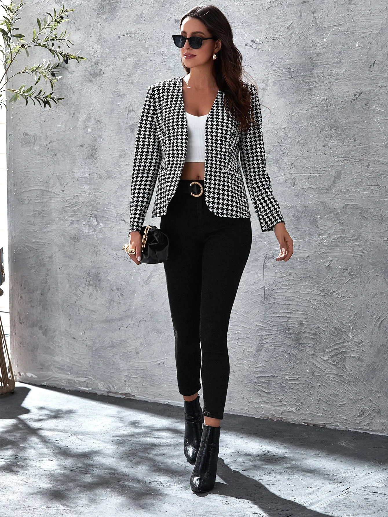 Open Front Houndstooth Blazer