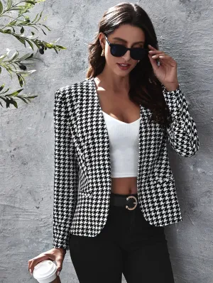 Open Front Houndstooth Blazer