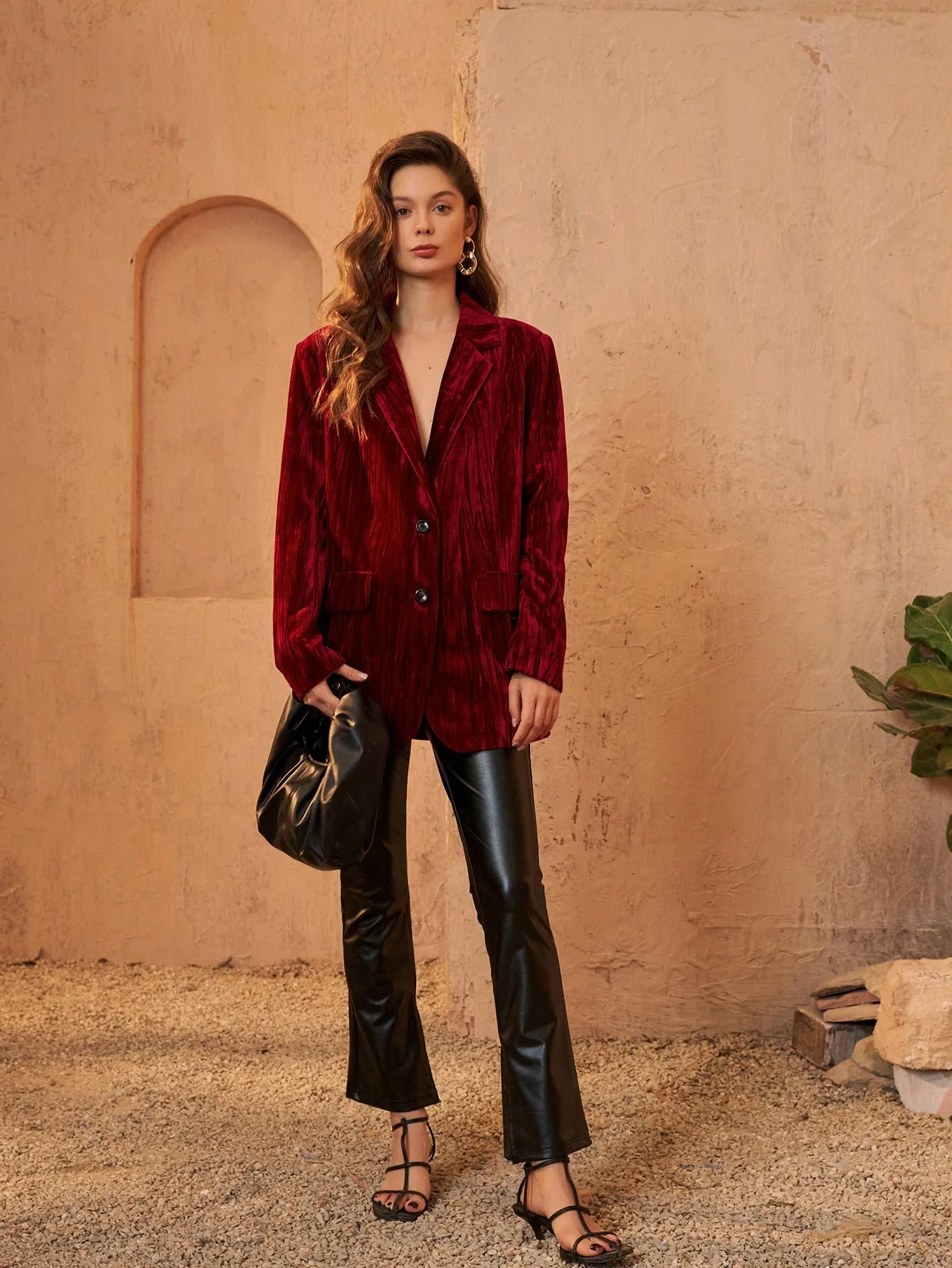 Plain Button Front Long Sleeve Lapel Long Women Blazer