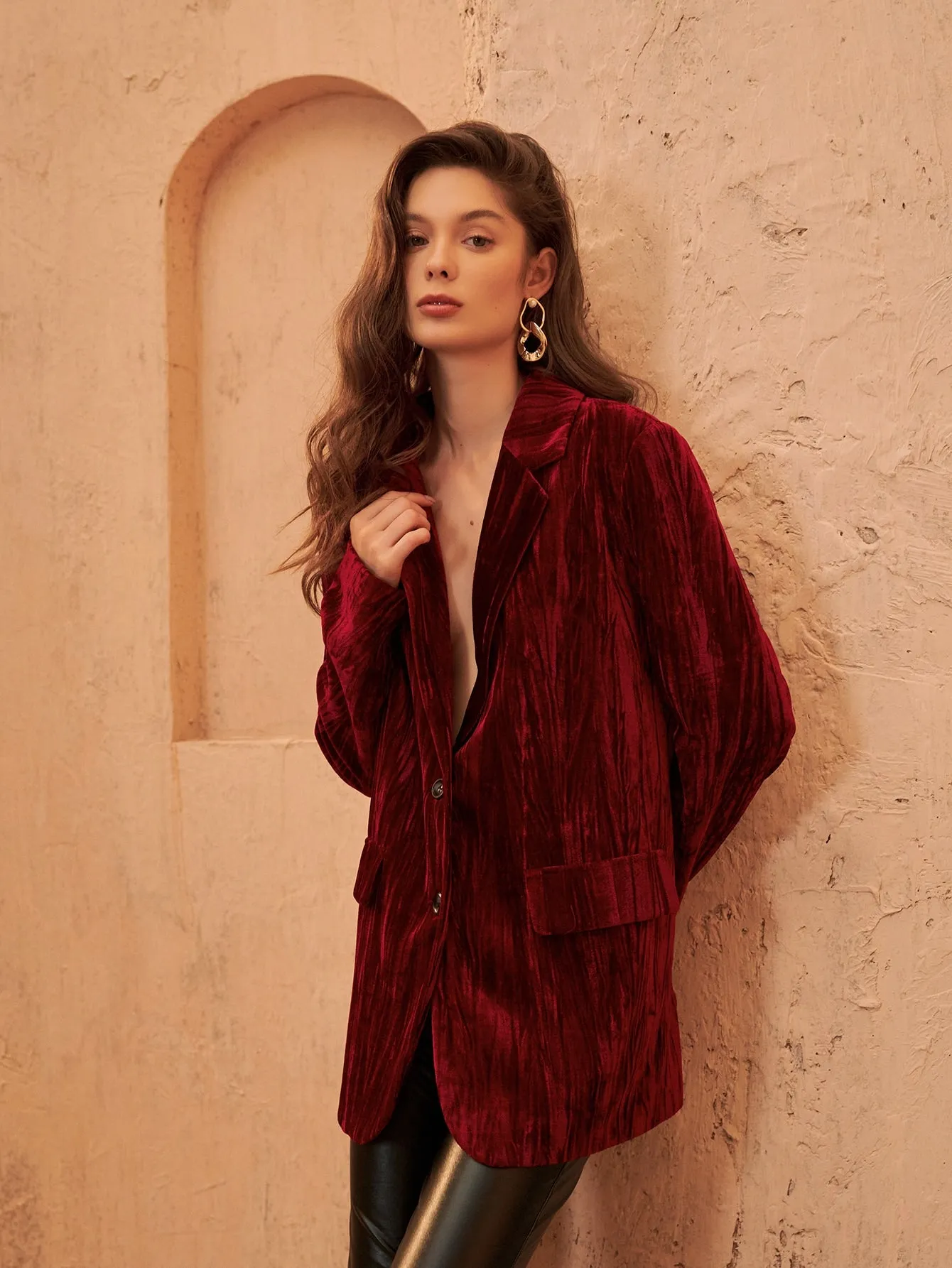 Plain Button Front Long Sleeve Lapel Long Women Blazer