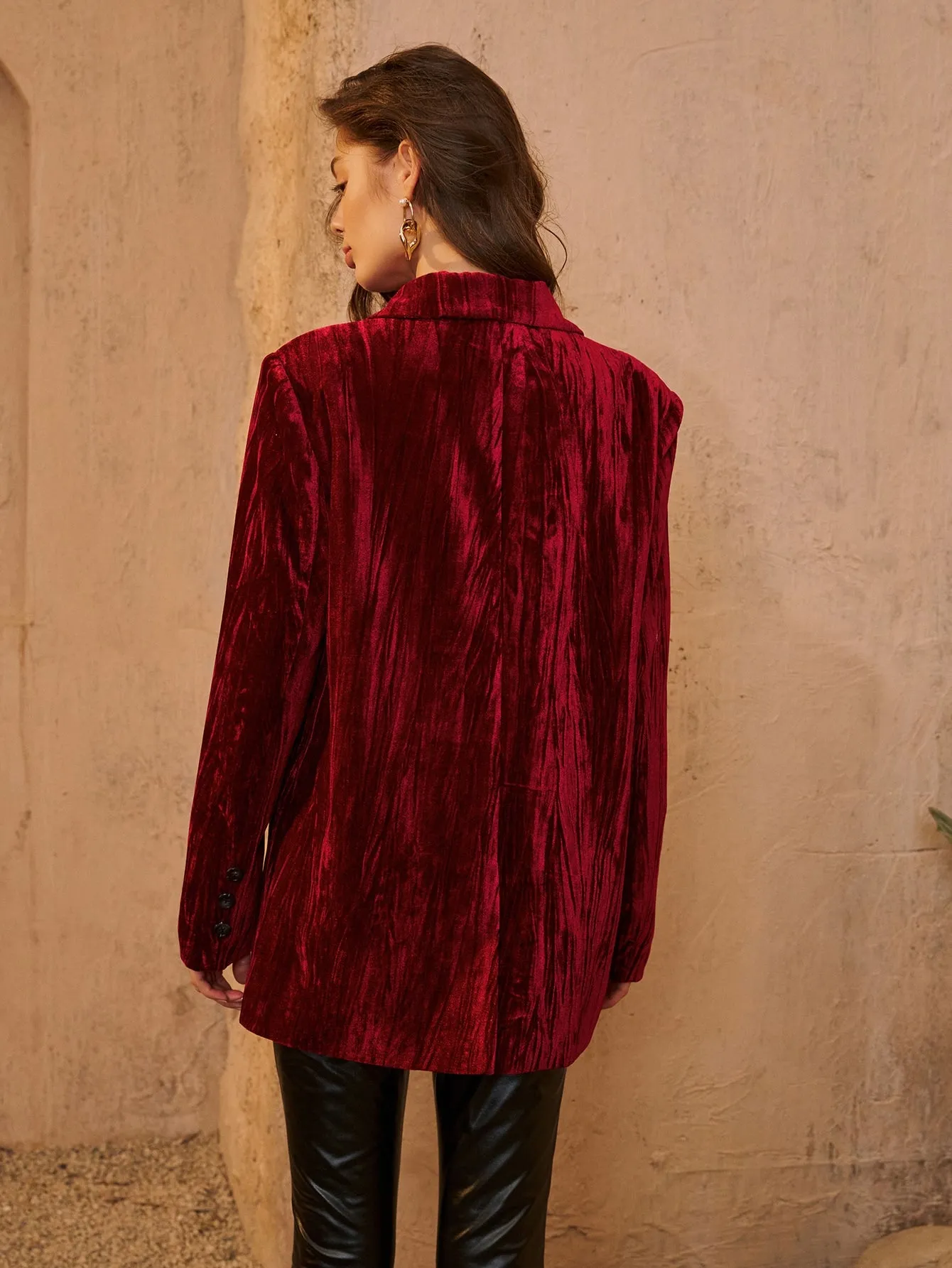 Plain Button Front Long Sleeve Lapel Long Women Blazer