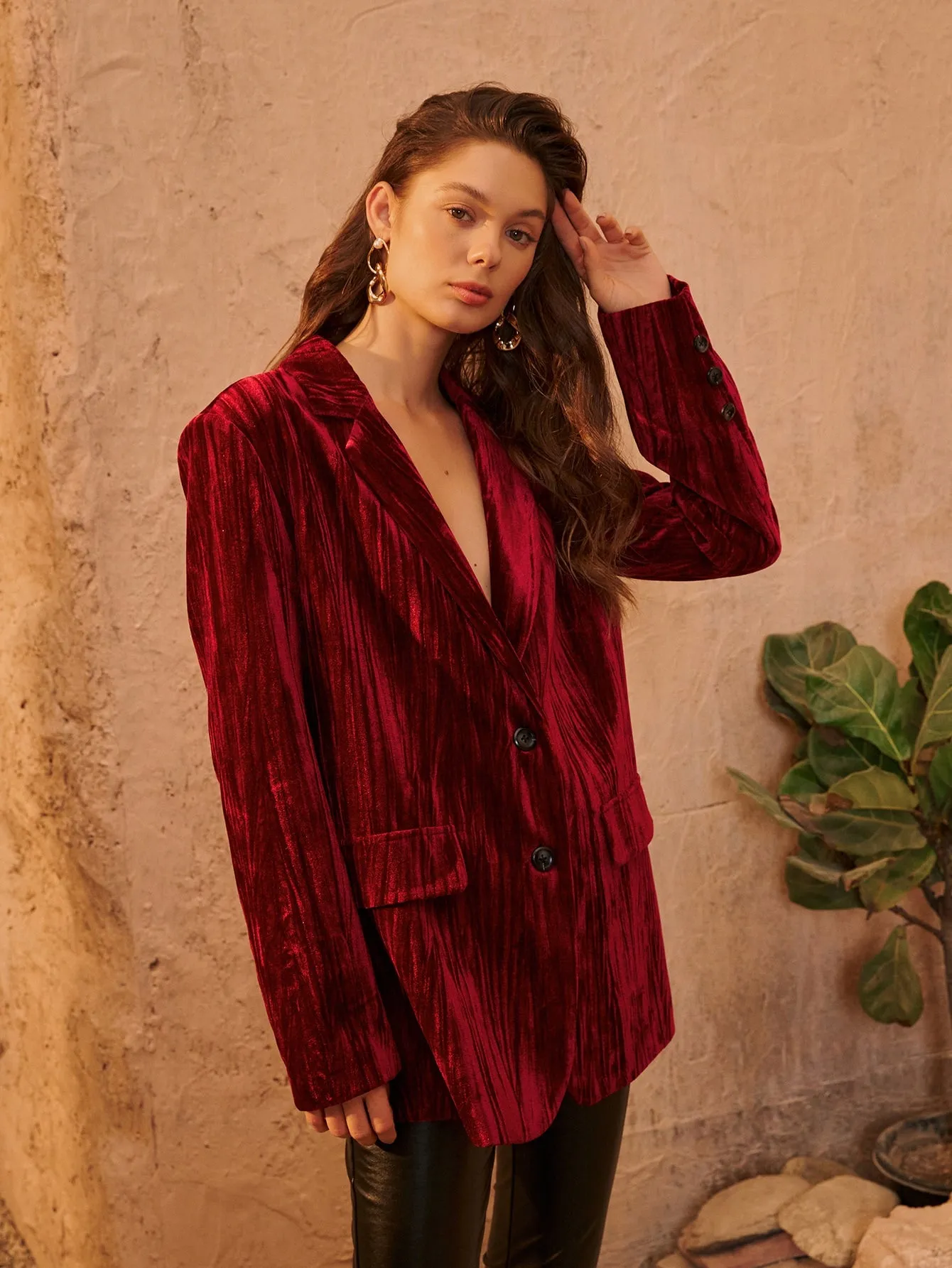 Plain Button Front Long Sleeve Lapel Long Women Blazer