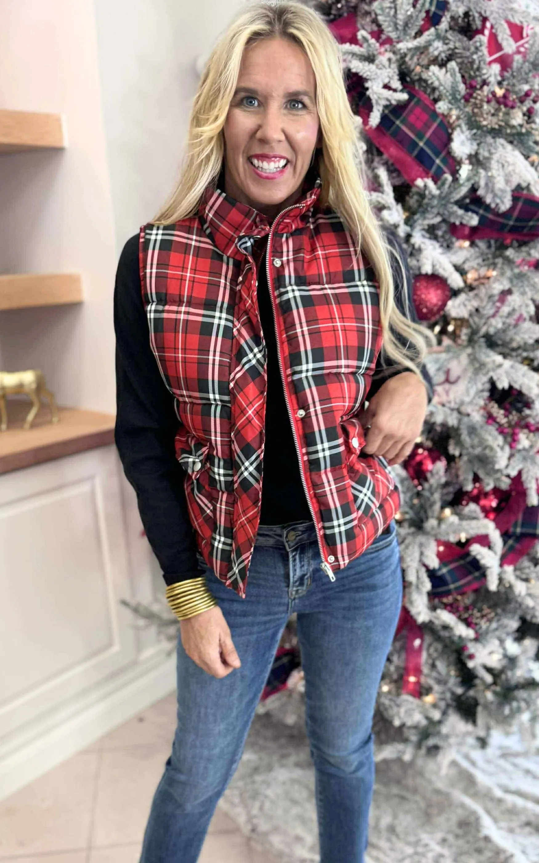 Red Plaid Puffer Vest** - Final Sale
