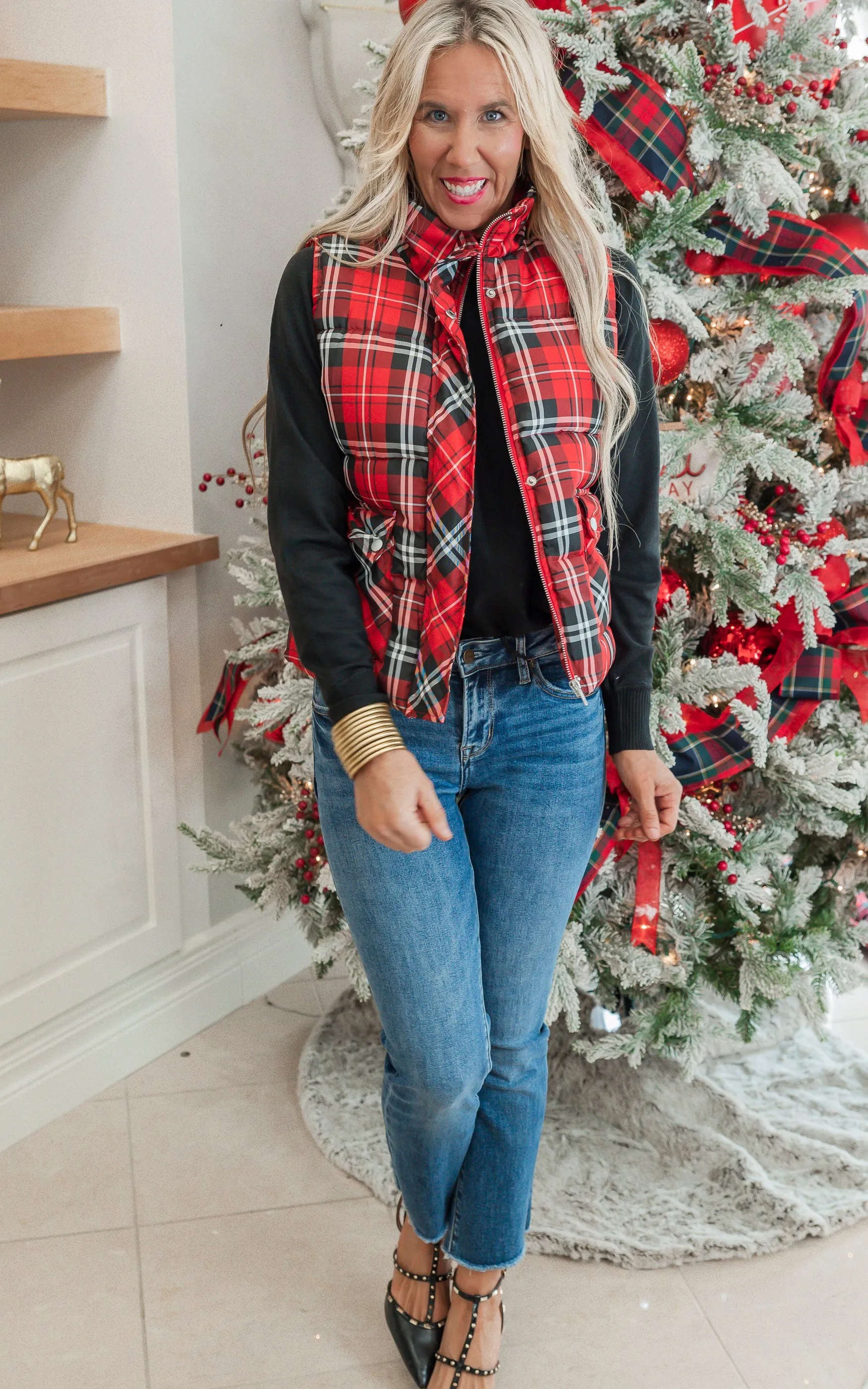 Red Plaid Puffer Vest** - Final Sale
