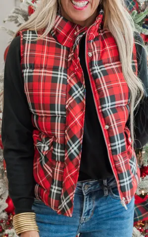 Red Plaid Puffer Vest** - Final Sale