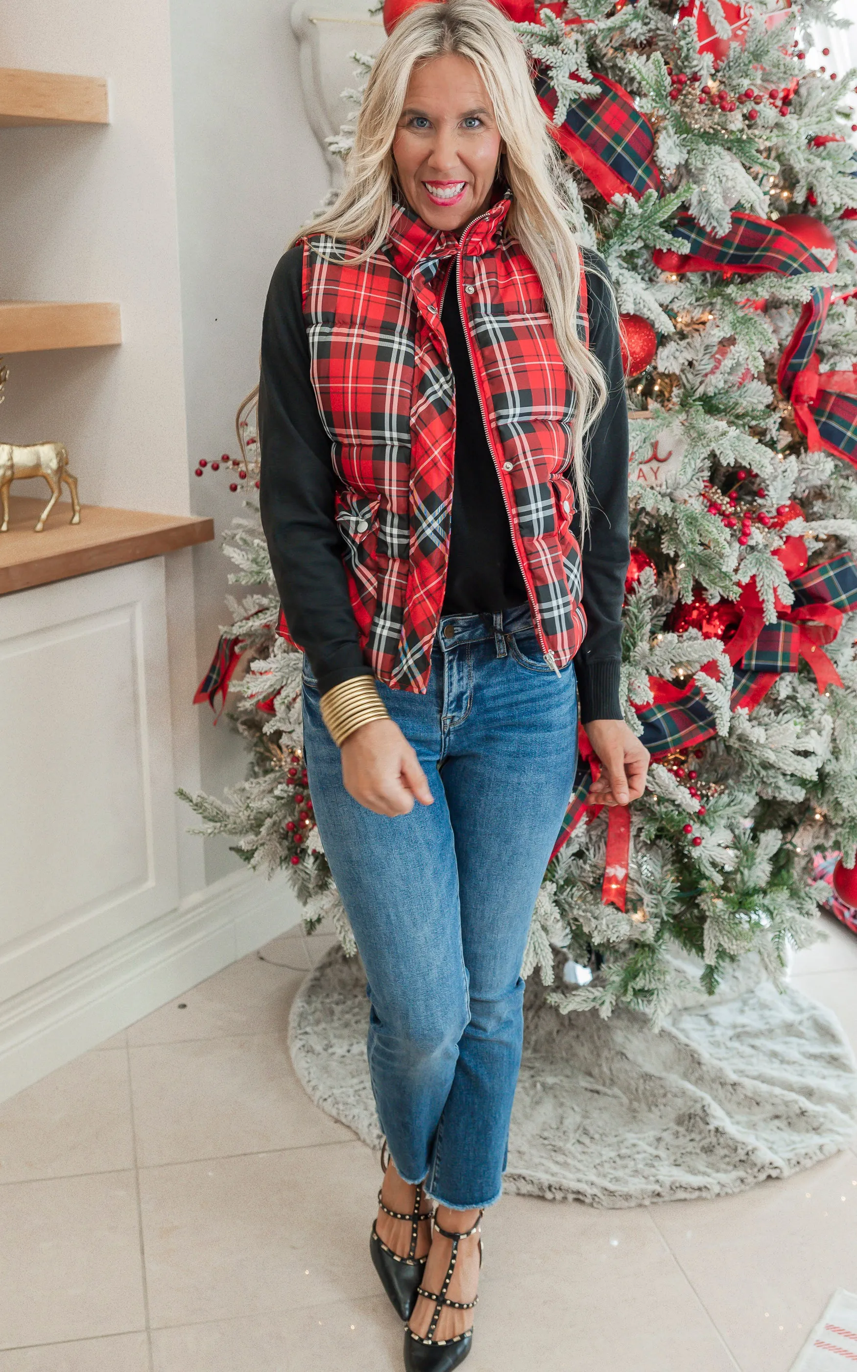 Red Plaid Puffer Vest** - Final Sale