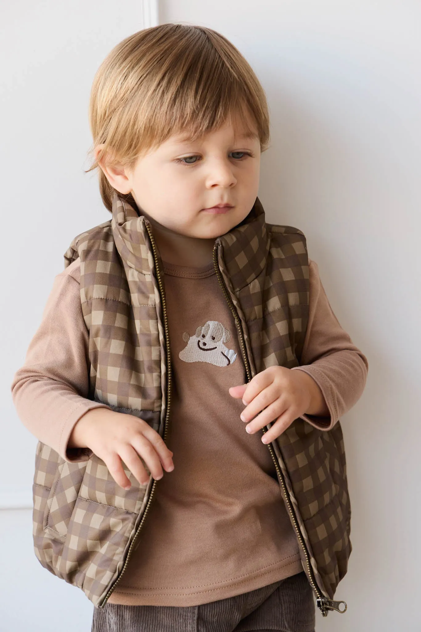 Rudi Puffer Vest - Gingham Shitake