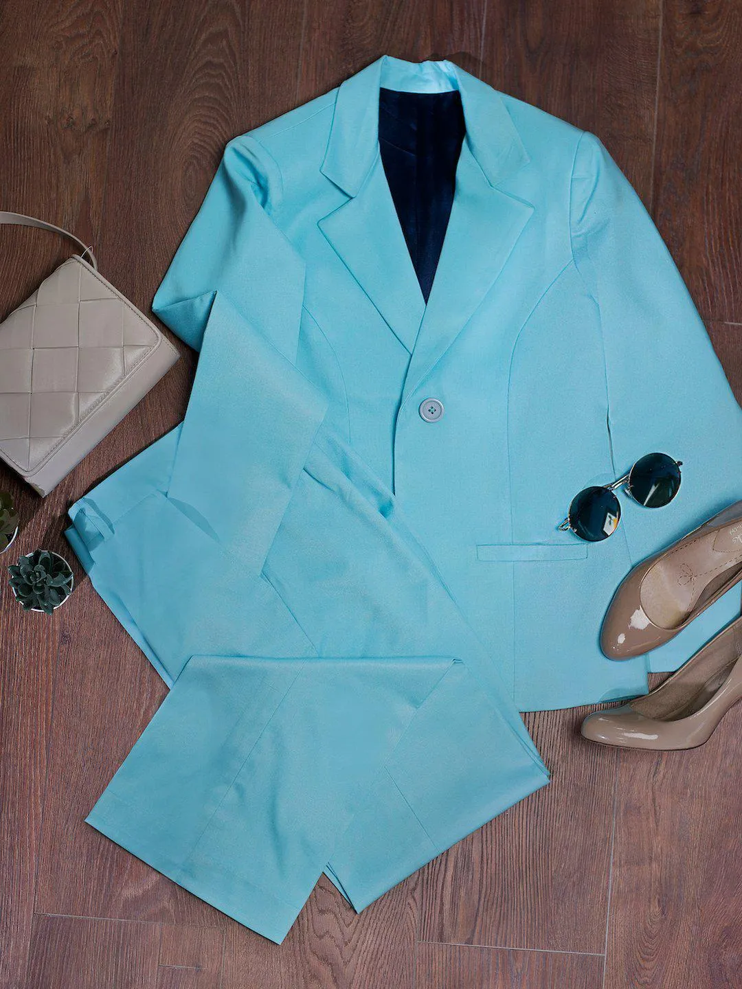 Sky Blue Polyester Poly-Viscose Blazer ONLY
