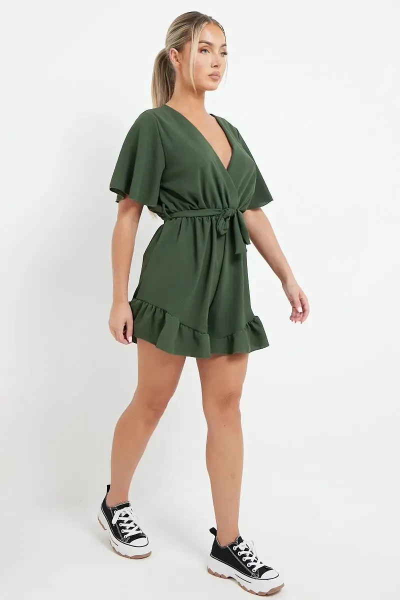 Solid Short Sleeve Lace-up Playsuit