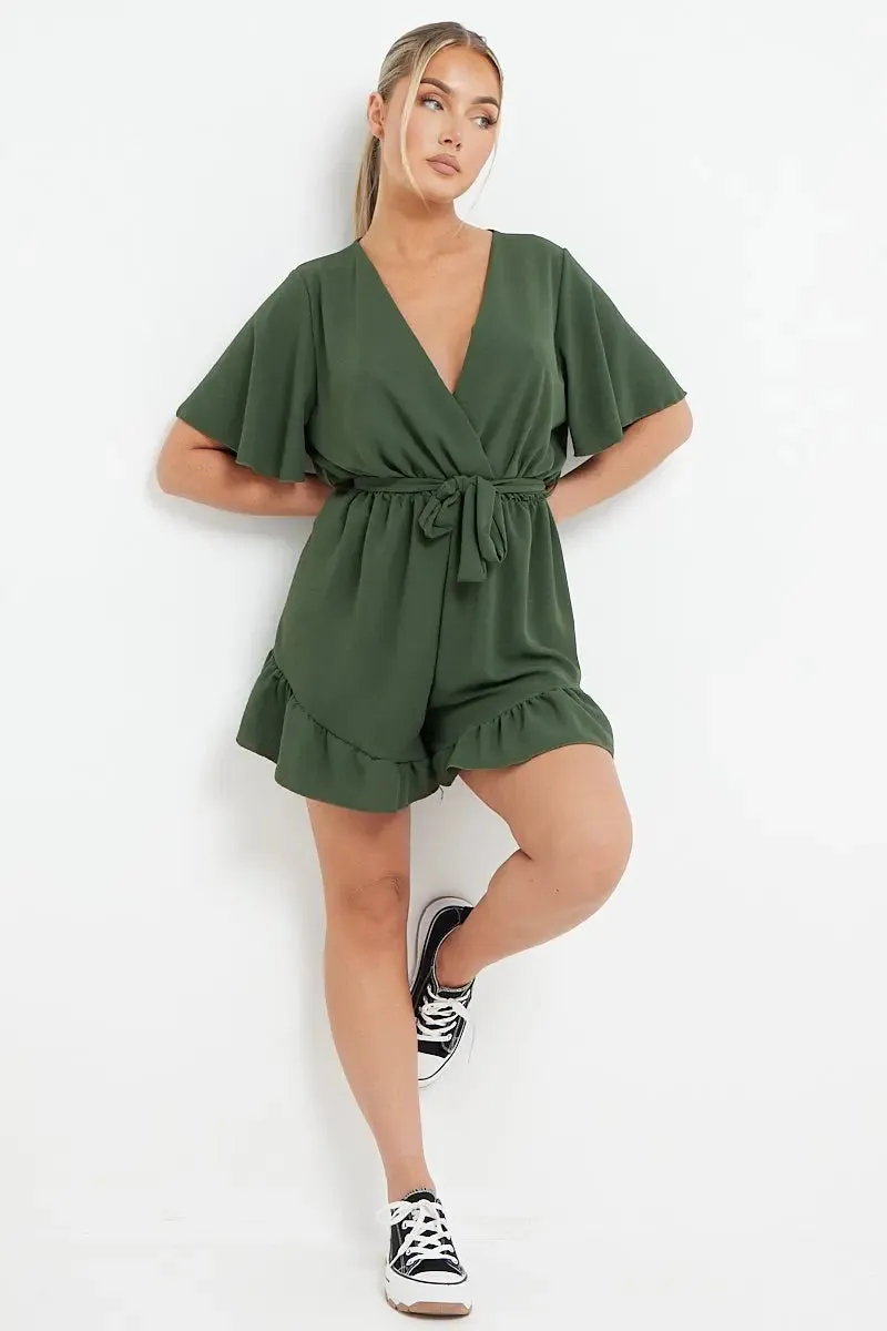 Solid Short Sleeve Lace-up Playsuit