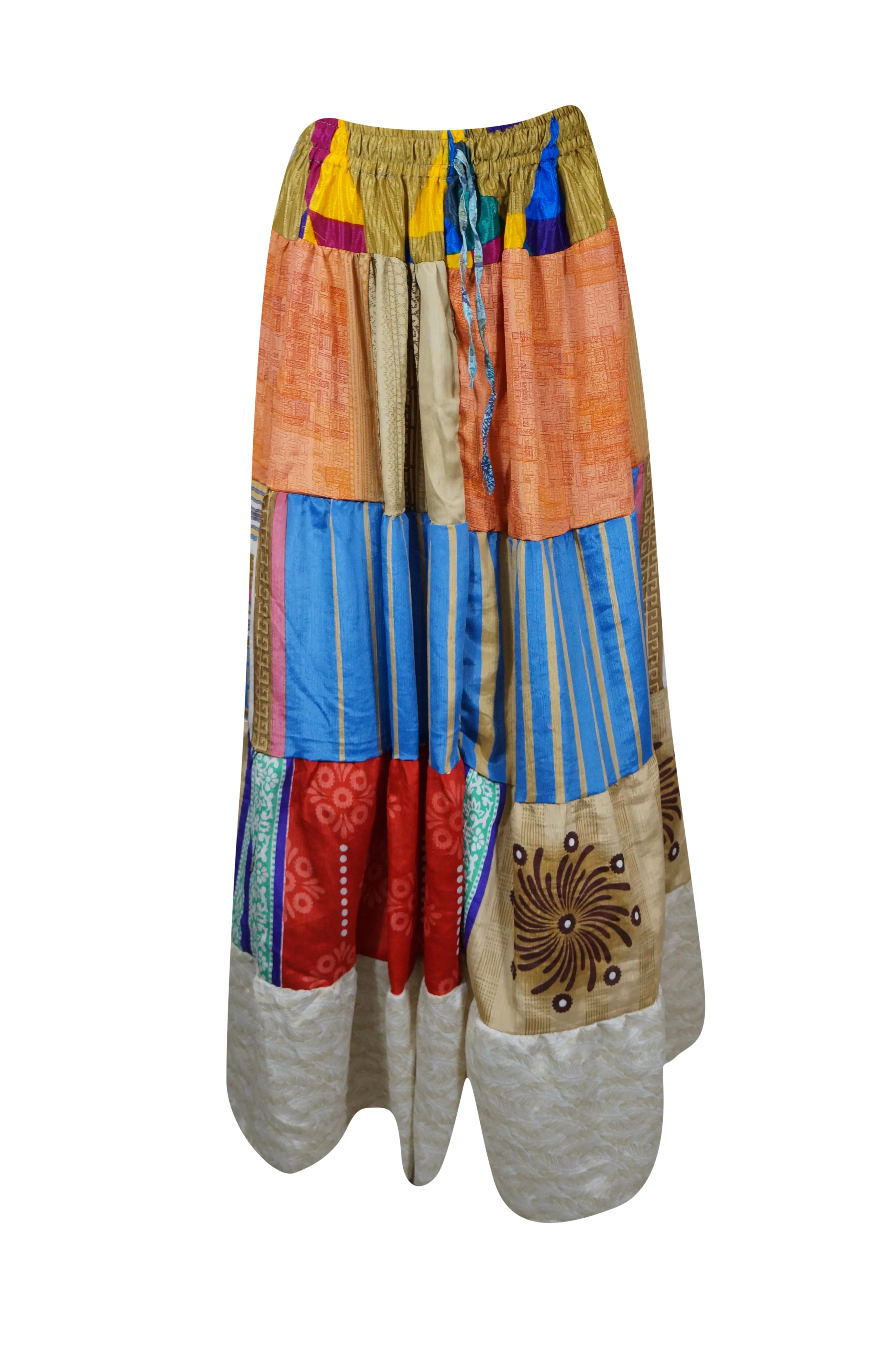 Summer Long Maxi Skirt, Orange Patchwork Boho Stylish Skirts S/M/L