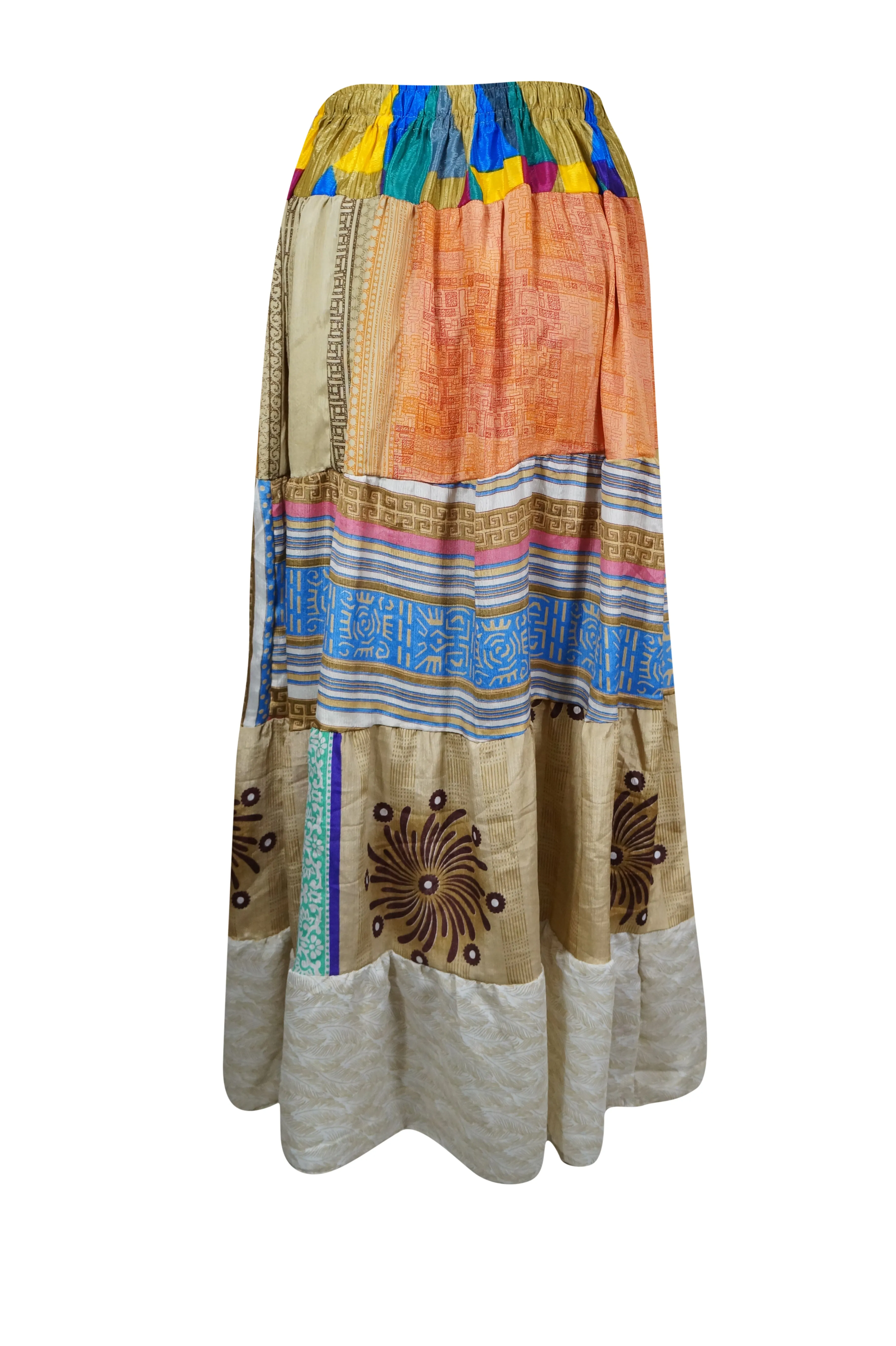 Summer Long Maxi Skirt, Orange Patchwork Boho Stylish Skirts S/M/L