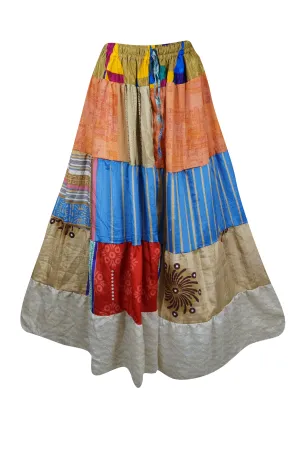 Summer Long Maxi Skirt, Orange Patchwork Boho Stylish Skirts S/M/L