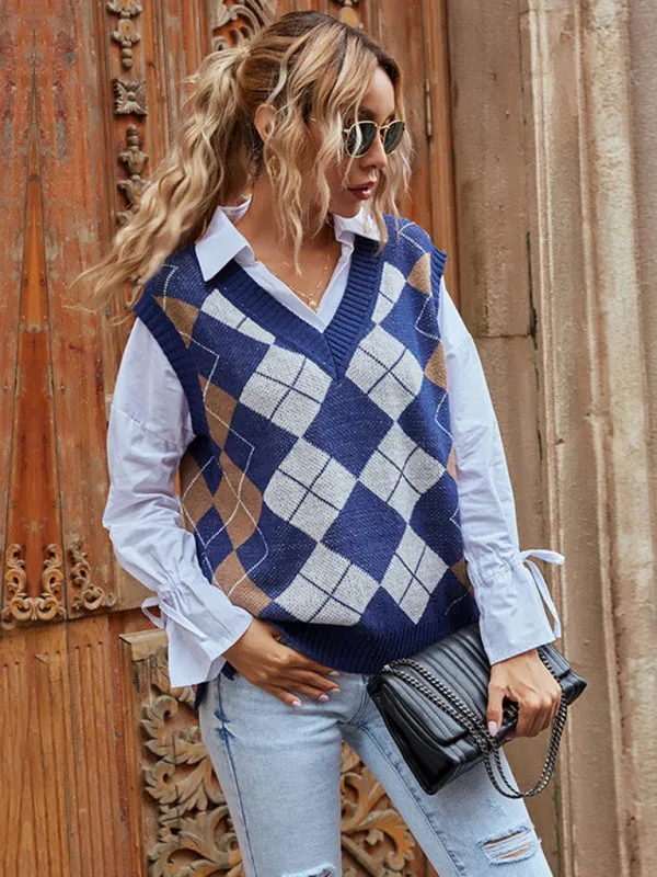 women's warm outer wear diamond v neck sweater vest vest